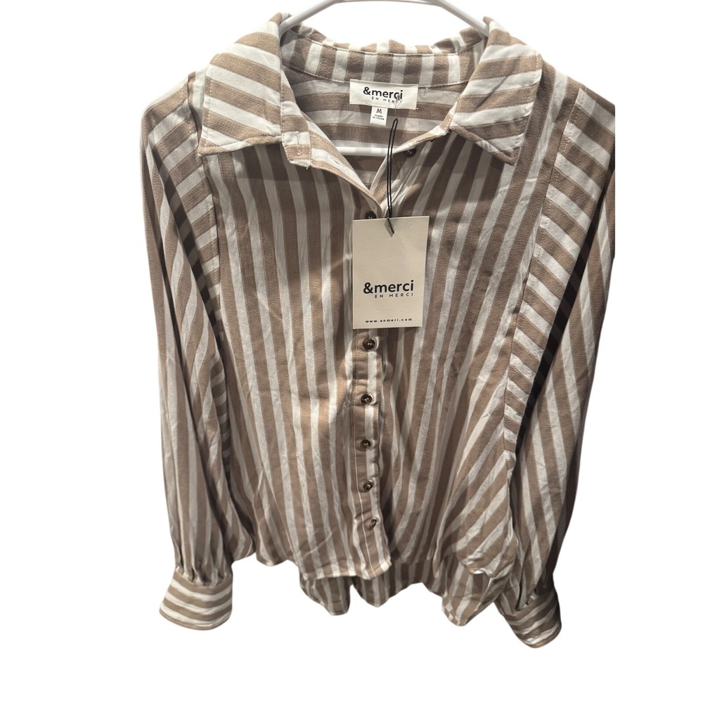 &merci En Merci Womens Tan White Striped Button Down Blouse Top Medium NWT